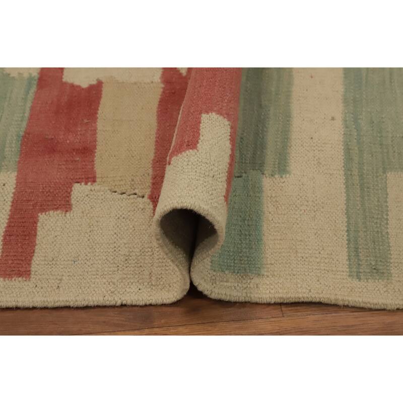 Hand Woven Oriental 100% Wool Carpet Southwestern Geometric Beige & Ivories Kilim Runner Rug - 9' 7'' X 2' 4''