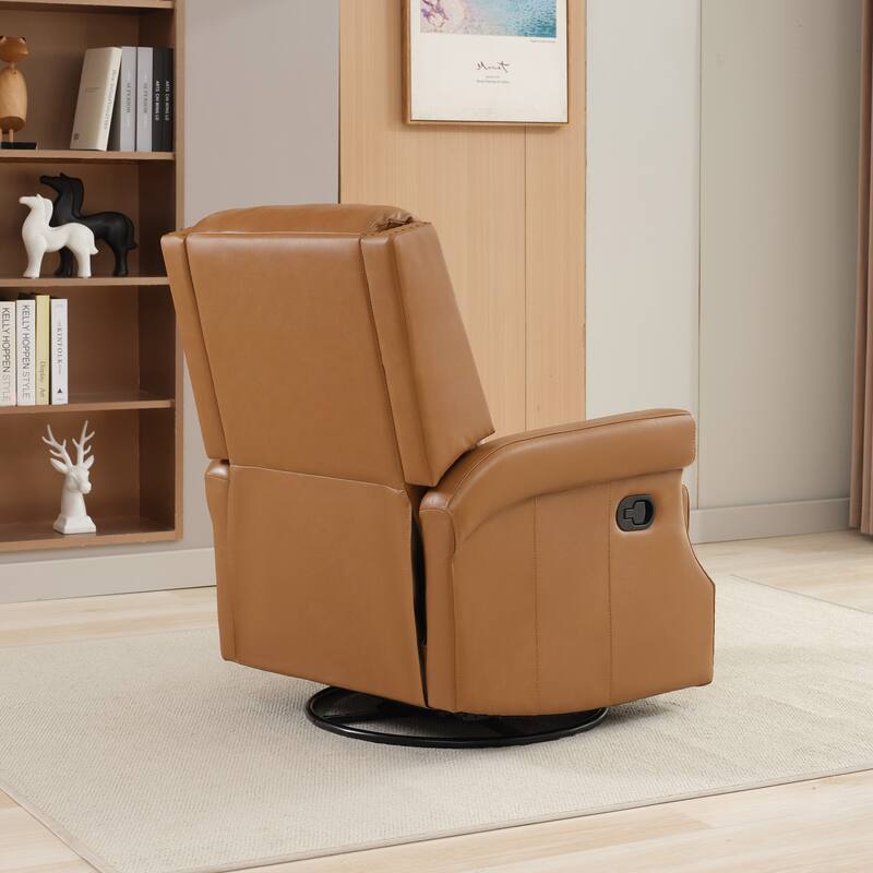 Genuine Leather Manual Rocking Recliner with 360-degree Metal Swivel Base