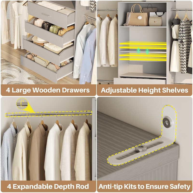 Modular Closet System Wardrobe Organizer 4 Adjustable Hanging Rods + 4 Wooden Drawers, Space-Saving for 4-9Ft Closets