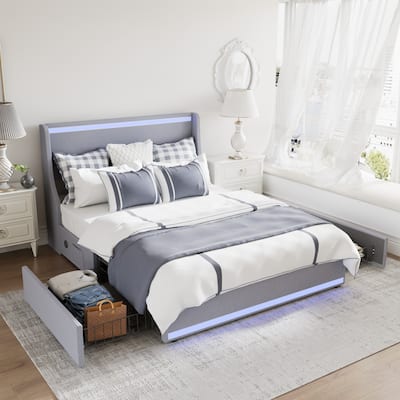 Javlergo Bed Frame with LED Lights and Charging Station, Linen Fabric Bed with Drawers, Wooden Slats
