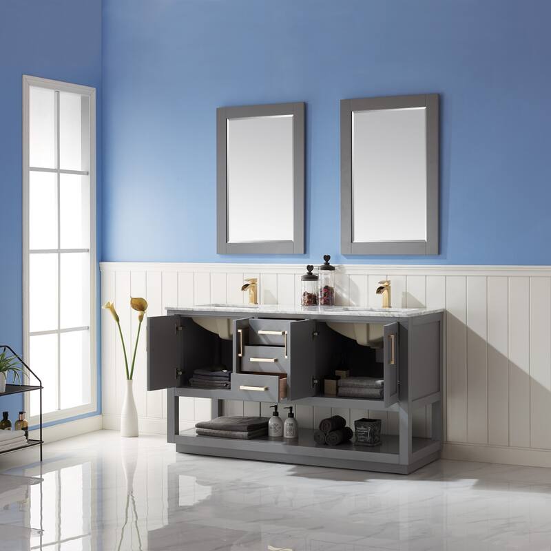 Altair Remi Double Bathroom Vanity Set and Carrara White Countertop with Mirror