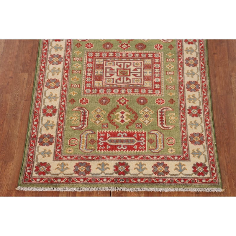 Light Green Geometric Kazak Accent Rug Handmade Wool Carpet - 3'4" x 4'7"