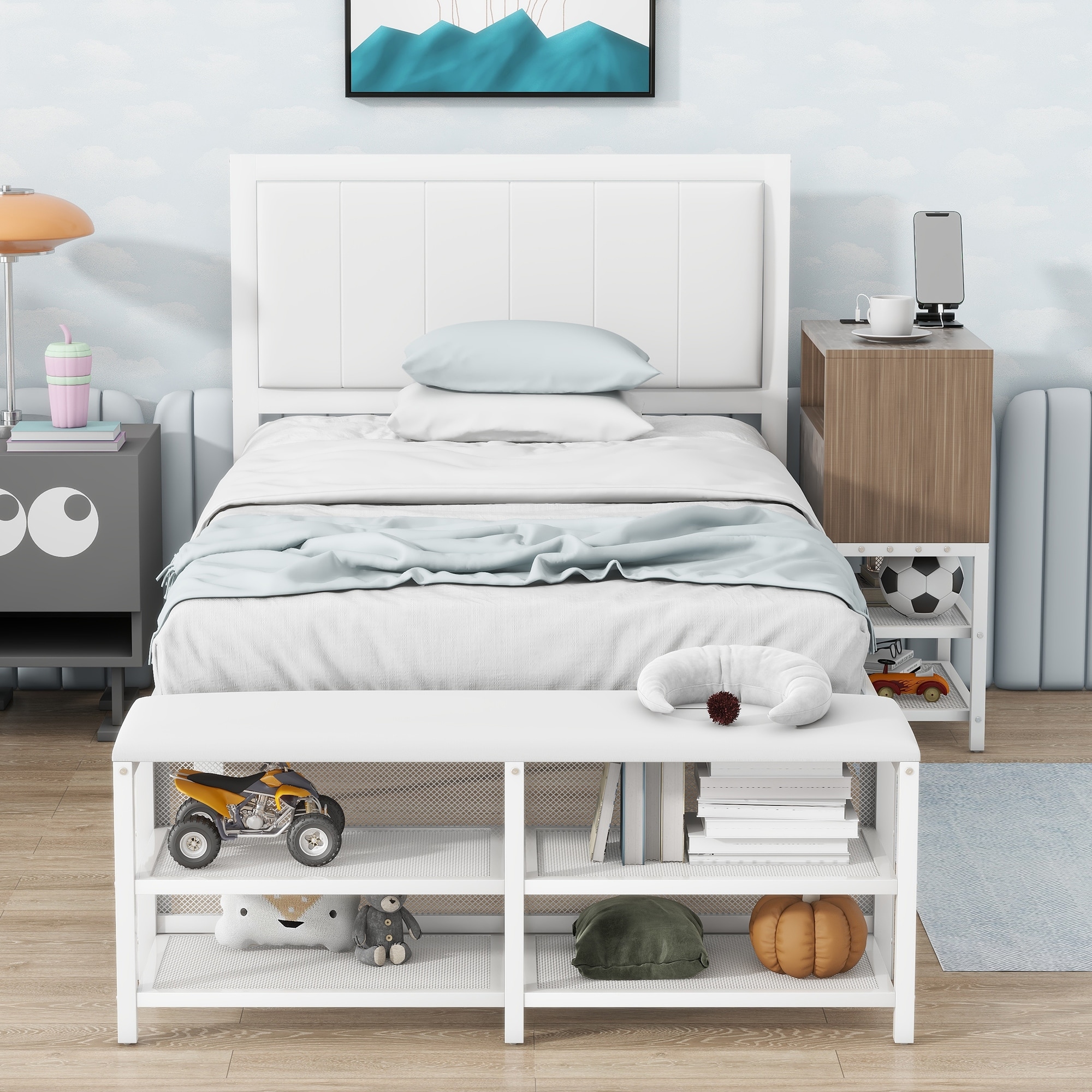 Twin size Metal Platform Bed with Two-Tier Storage Shelves