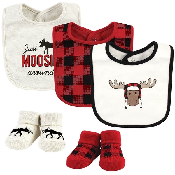 slide 1 of 1, Hudson Baby Infant Boy Cotton Bib and Sock Set, Winter Moose, One Size - Winter Moose - One Size One Size - Winter Moose
