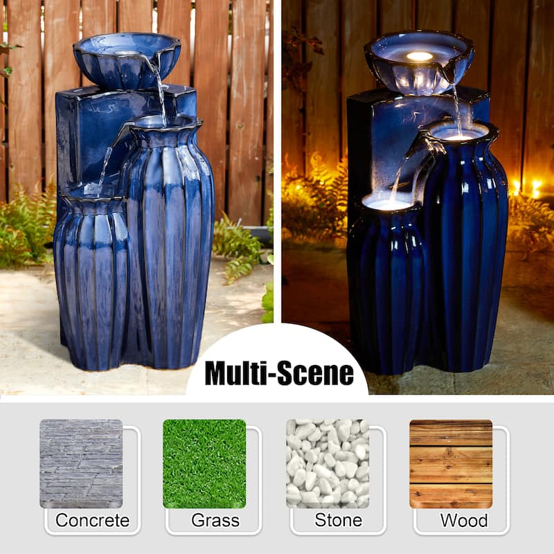 Glitzhome 26.75"H 3-Tiered Fluted Texture Ceramic Outdoor Floor Fountain with LED Lights