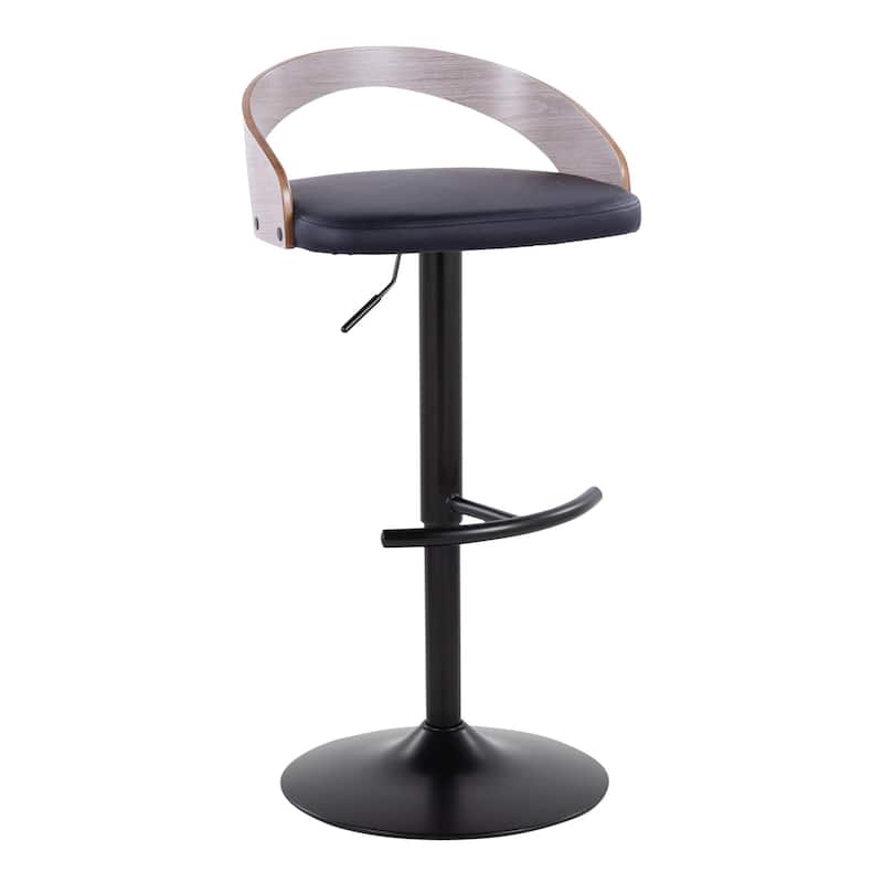Grotto Adjustable Barstool with Black Base - N/A - Black Faux Leather / Light Grey
