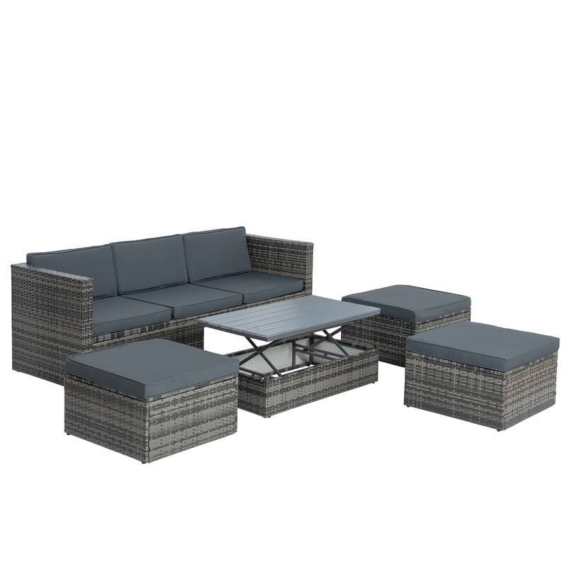 5 Piece Outdoor PE Wicker Sofa Set, Patio Conversation Furniture Set with Lift TOP Coffee Table and Lounger Sofa