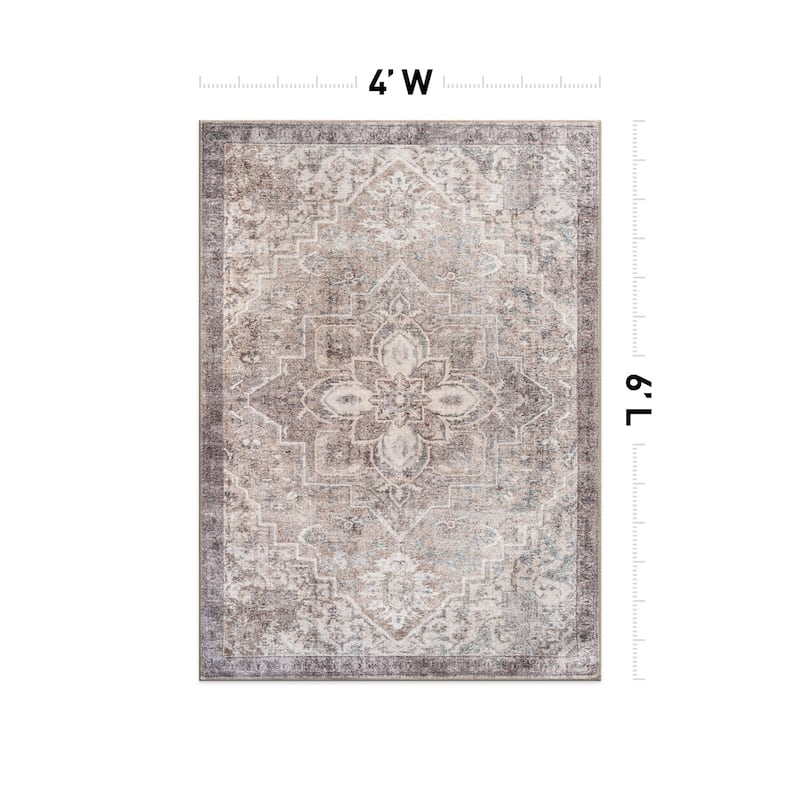 Beige Floral Medallion Washable Rug - Low Pile, Non-Slip