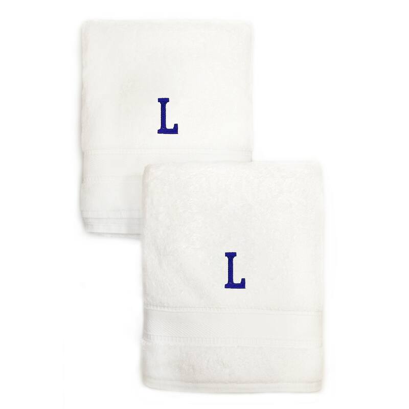Sweet Kids 2-piece White Turkish Cotton Hand Towels with Royal Blue Monogrammed Initial - White/L