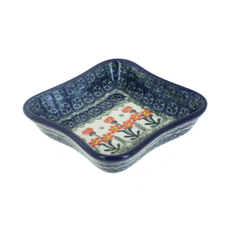 Blue Rose Polish Pottery 630 Ceramika Artystyczna Small Square Dish - Peach Posy
