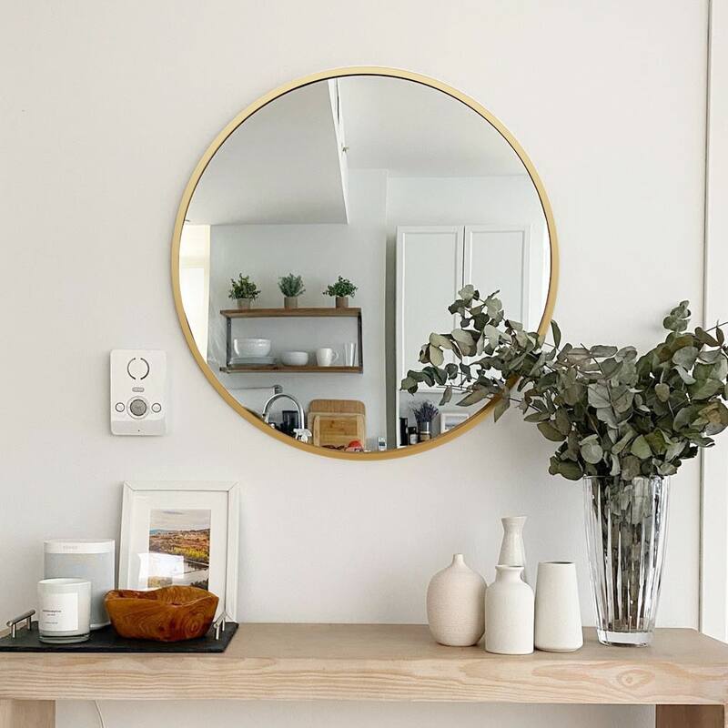 GDFStudio - Cressida Architectural Round Metal Bathroom Vanity Wall Mirror with Ultra Slim Profile & Reinforced Mount