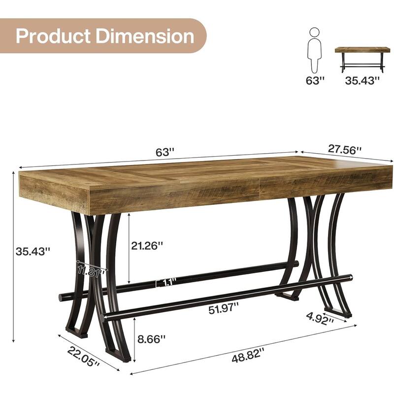63" Counter Height Bar Table with Metal Footrest, Rectangular Tall Pub Table - 62.99"L x 27.56"W x 35.43"H