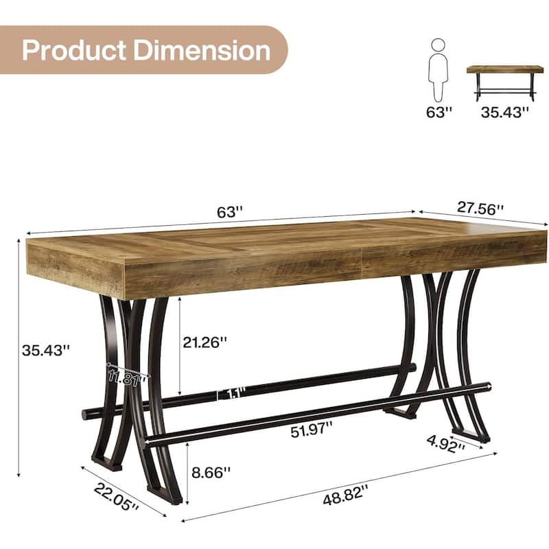 63" Tall Bar Pub Table with Metal Footrest for Entertaining