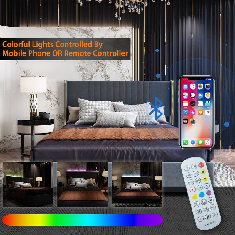 Modern Illuminated Bed Frame with Gold Trim - Chic Upholstered Design