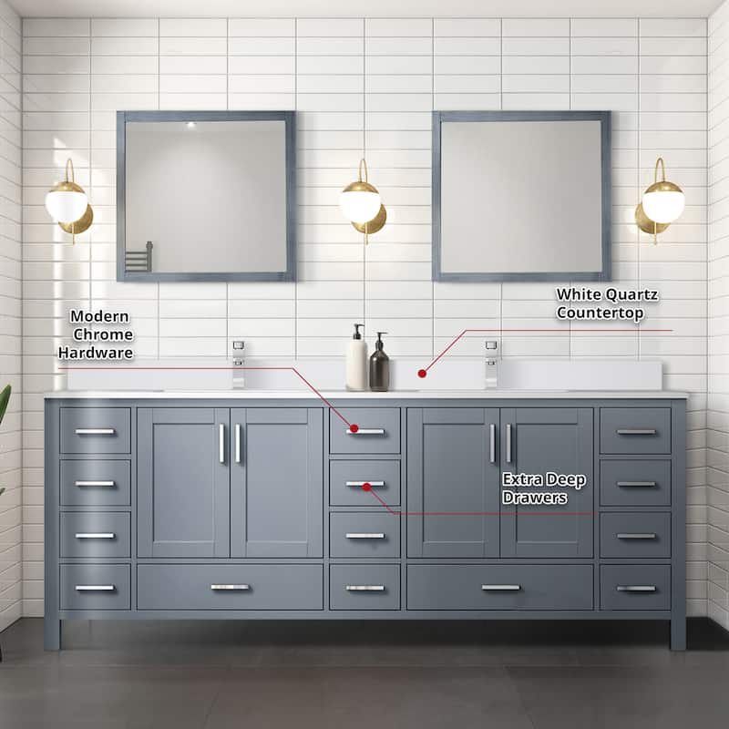 Jacques 84 in. W x 22 in. D Dark Grey Double Bath Vanity, White Quartz Top, and 34 in. Mirrors