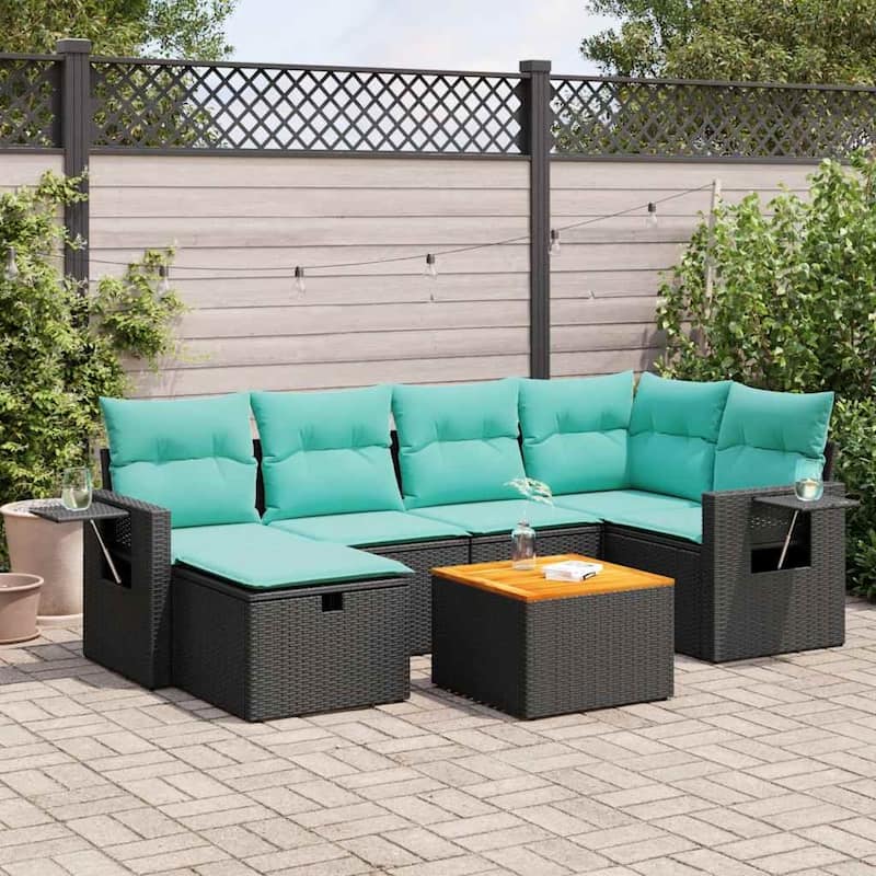 vidaXL Patio Sofa Set with Cushions Outdoor Furniture 7 Piece Poly Rattan - Black with storage - 21.7" x 24.4" x 27.2"
