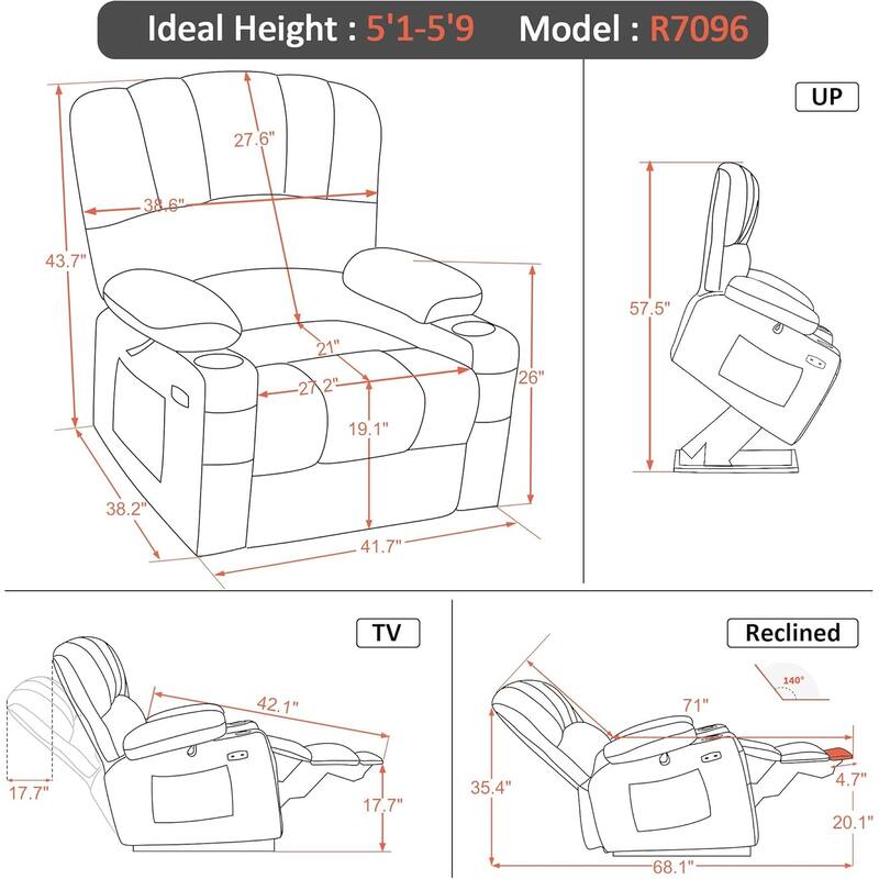 MCombo Recliner Chair Sofa with Massage and Heat, Fabric R7096 (Medium-Wide)
