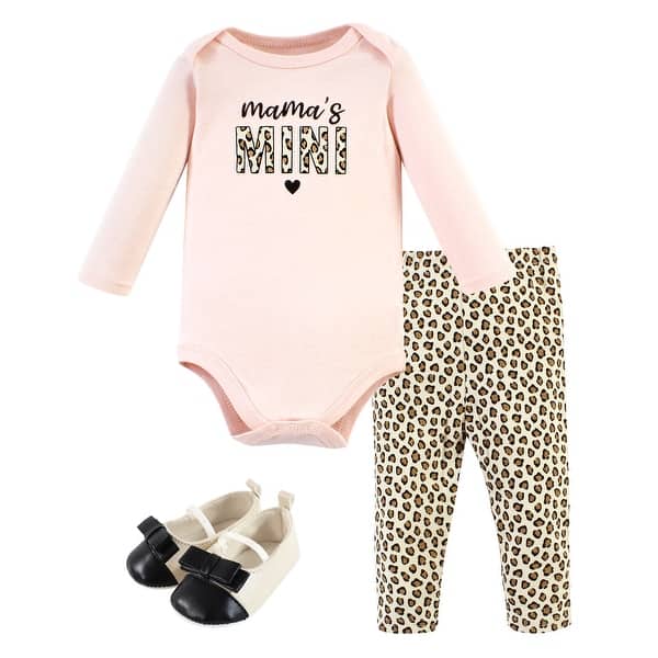 slide 1 of 1, Hudson Baby Infant Girl Cotton Long-Sleeve Bodysuit, Pant and Shoe Set, Leopard Hearts 0-3 Months - Leopard Hearts Long Sleeve