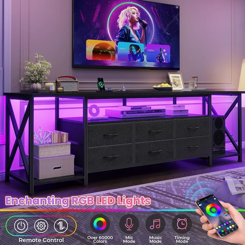 TV Stand with LED Lights Power Outlets Dresser Fabric Drawers Entertainment Center