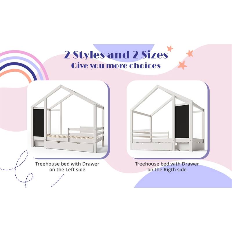 Twin House Bed with Blackboard and Drawers, Two Assembly Options