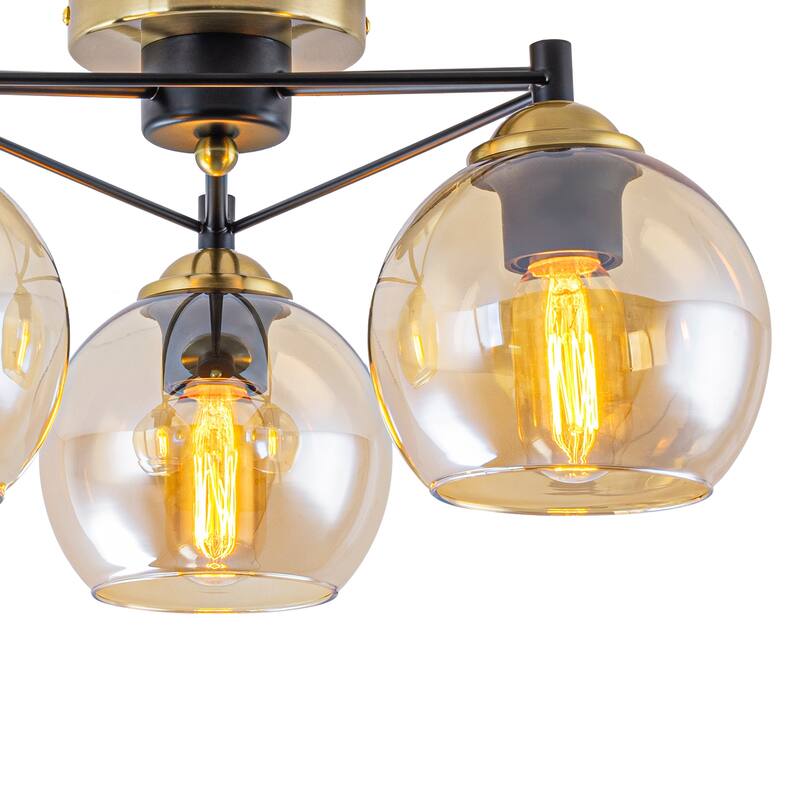 3 Lights Gold Flush Mount Ceiling Light with Amber Glass Globes - Dia.17.72-in
