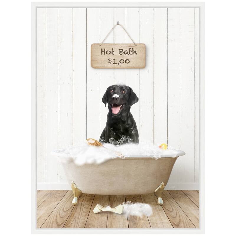 Kate and Laurel Sylvie Black Lab in Farmhouse Hot Bath Framed Canvas by Amy Peterson