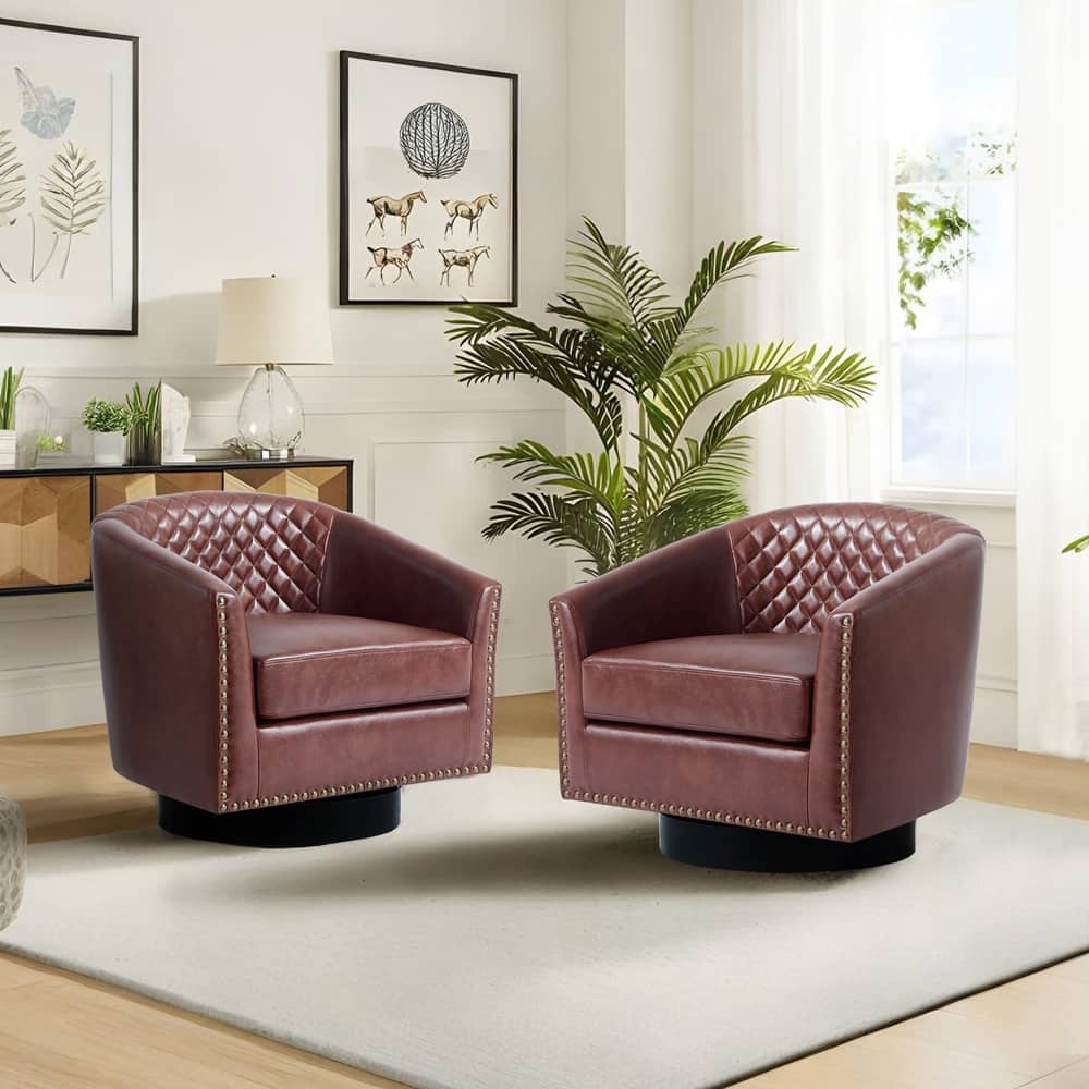 2 Set Modern Vegan Faux Leather Swivel Barrel Accent Chair