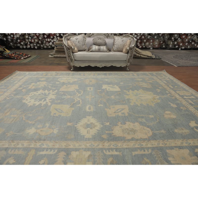 Handmade Floral Oushak Vegetable Dye Large Rug, Floral Geometric Carpet - 14' 4'' X 12' 1''