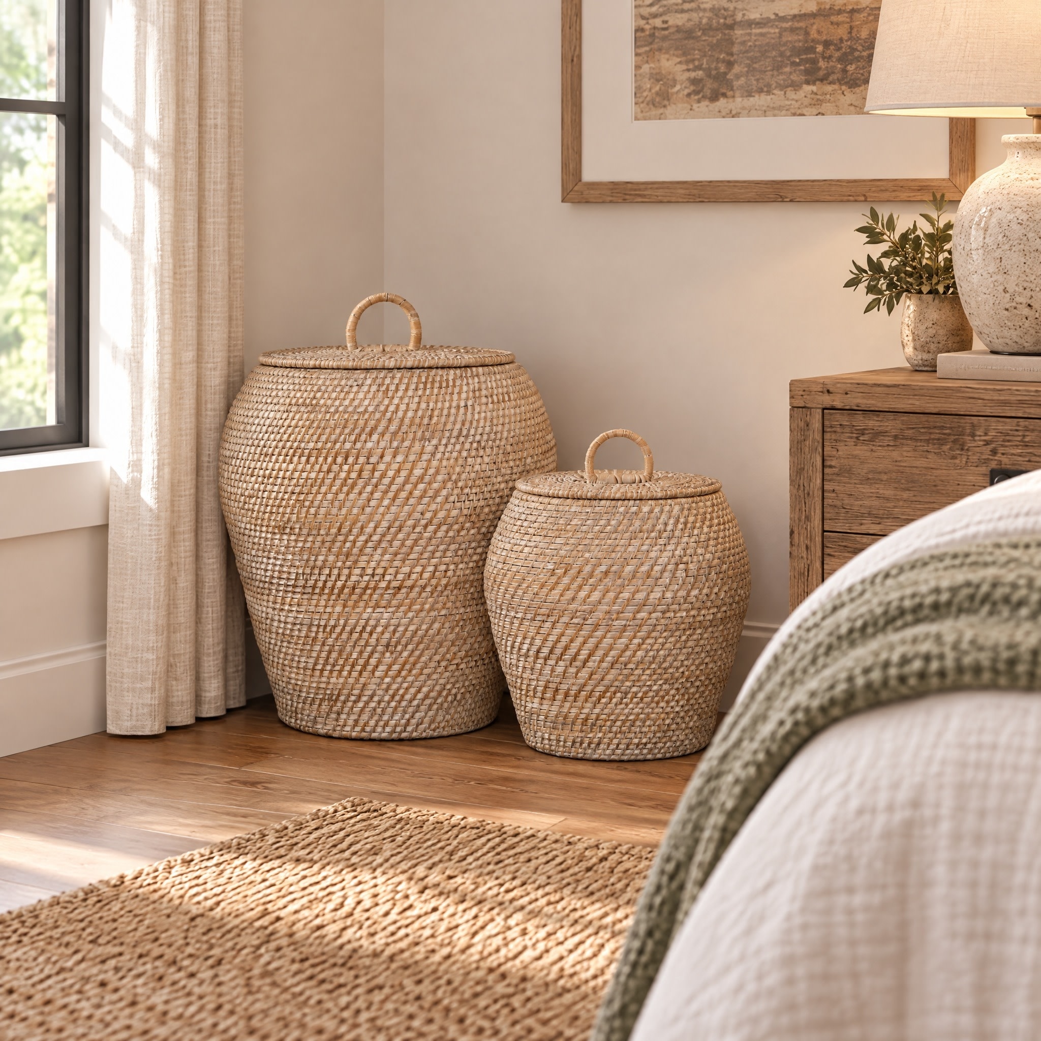 Hand-Woven Rattan Wicker Storage Baskets with Lids, Set of 2