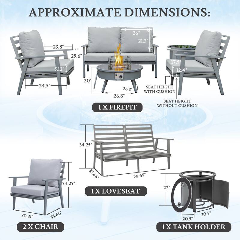 Walbrooke 4-Piece Outdoor Powder-Coated Frame Patio Furniture Set with Fire Pit Table, Tank Holder and Polyester Cushions