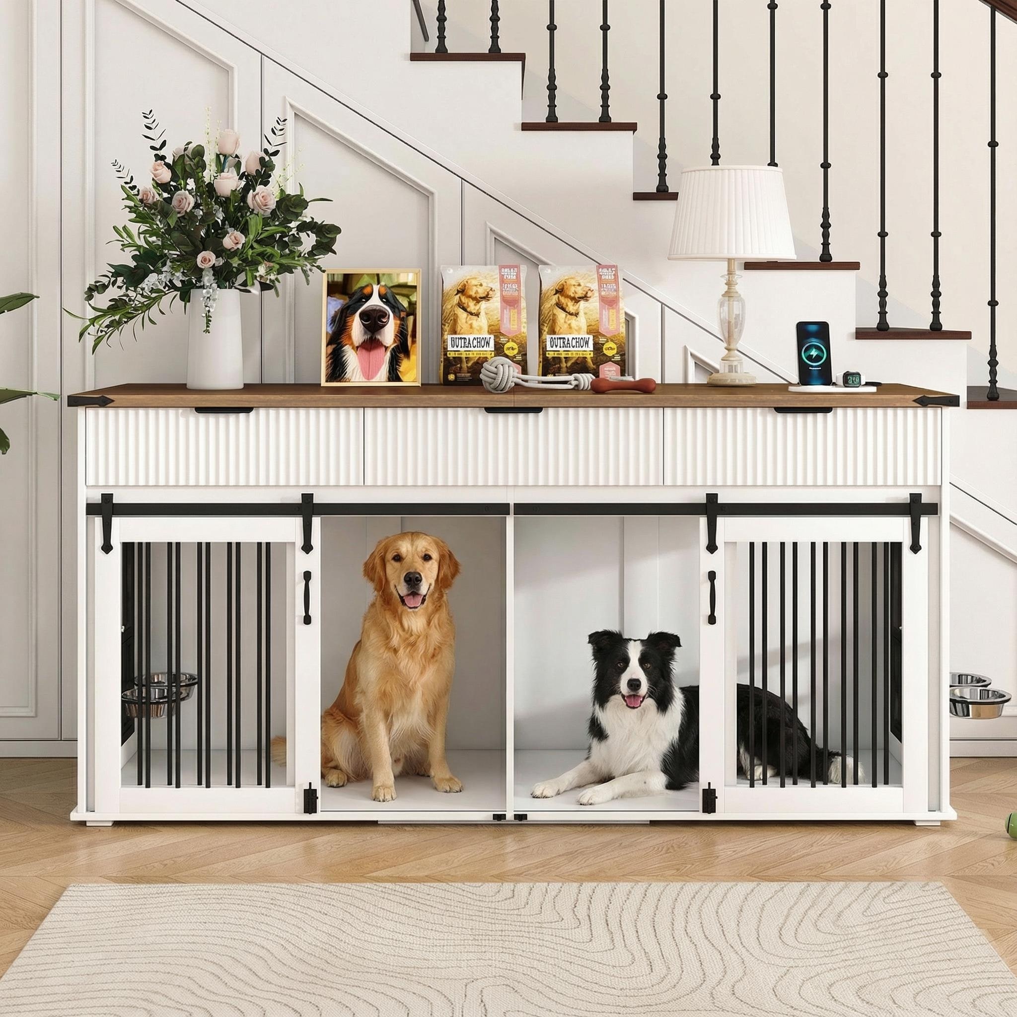 71" Furniture Style Double Dog Crate with 3 Fluted Drawers and Waterproof Walnut Woodgrain Tabletop, with Type-C Power Outlet