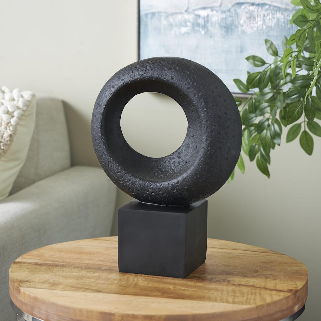 Black Polystone Textured Cutout Ring Geometric Decorative Sculpture with Block Base