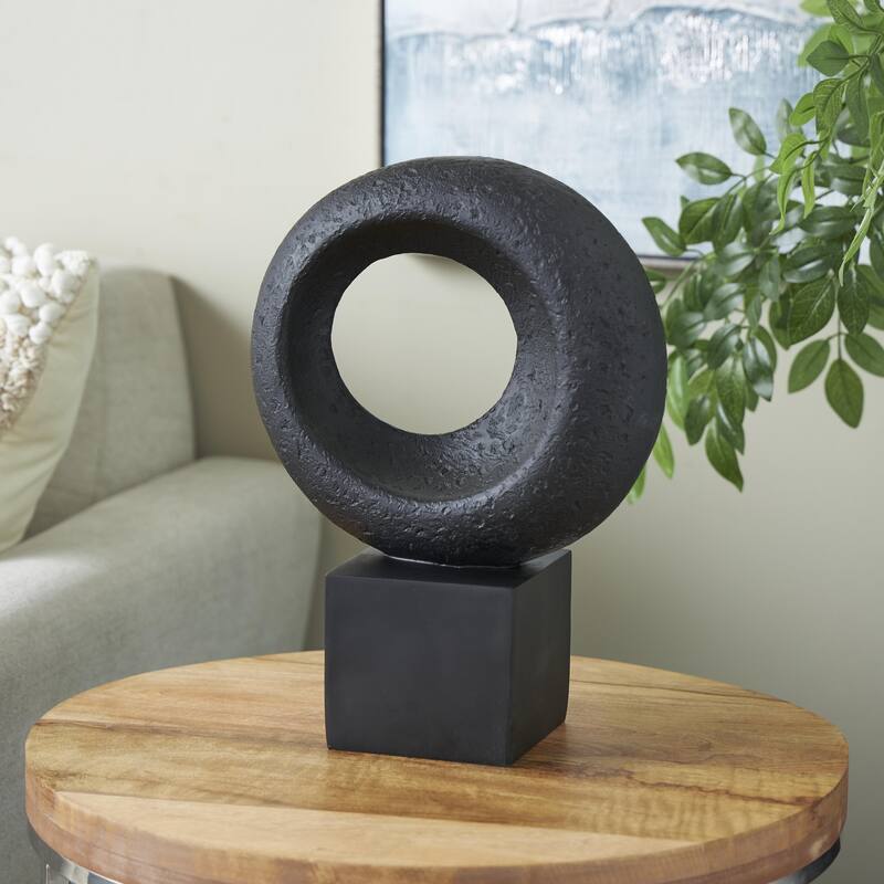 Polystone Geometric Textured Cutout Ring Decorative Sculpture with Block Base - Black - Roche River Decor