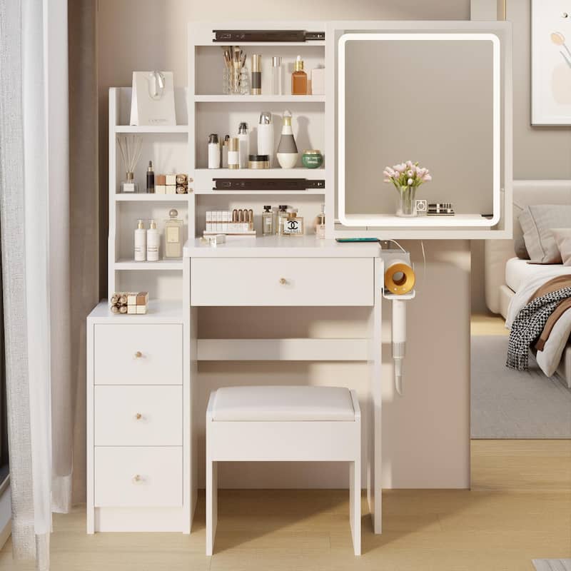 Vanity Table with USB ports,Hair dryer bracket and Sliding LED Mirror - White