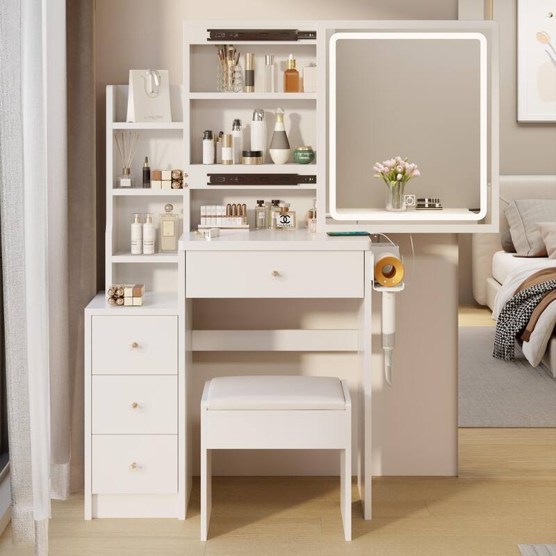Left Cabinet Makeup Vanity with LED Mirror and USB Power Station and Cushioned Stool - White