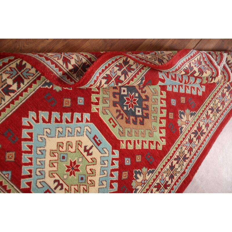 Geometric Red Kazak Rug Hand-Knotted Traditional Bedroom Wool Carpet - 3'4"x 4'10"