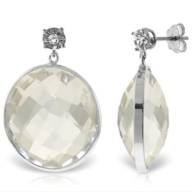14K Solid Gold Diamonds Stud Earrings w/ Dangling Round White Topaz - White