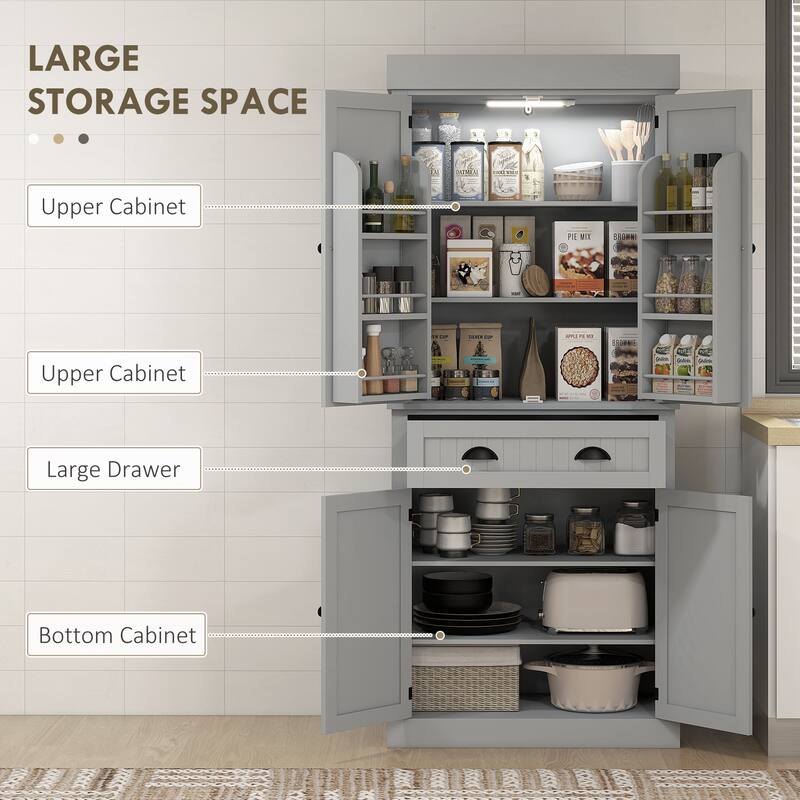 HOMCOM 71" Kitchen Pantry Cabinet with Motion Sensor Light, Tall Storage Cabinet with 6 Door Shelves
