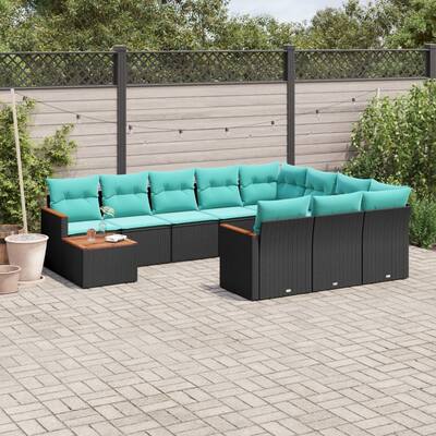 vidaXL 11 Piece Patio Sofa Set with Cushions Black Poly Rattan - 24.4x27.2x24.4