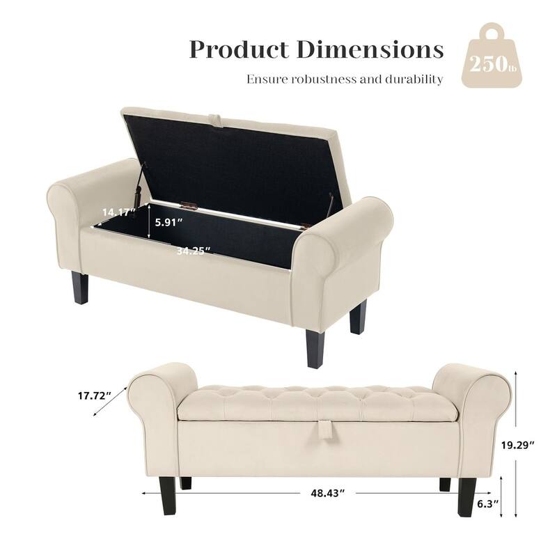 Upholstered Velvet Storage Ottoman Bench with Lift-Top Storage and Solid Rubberwood Legs
