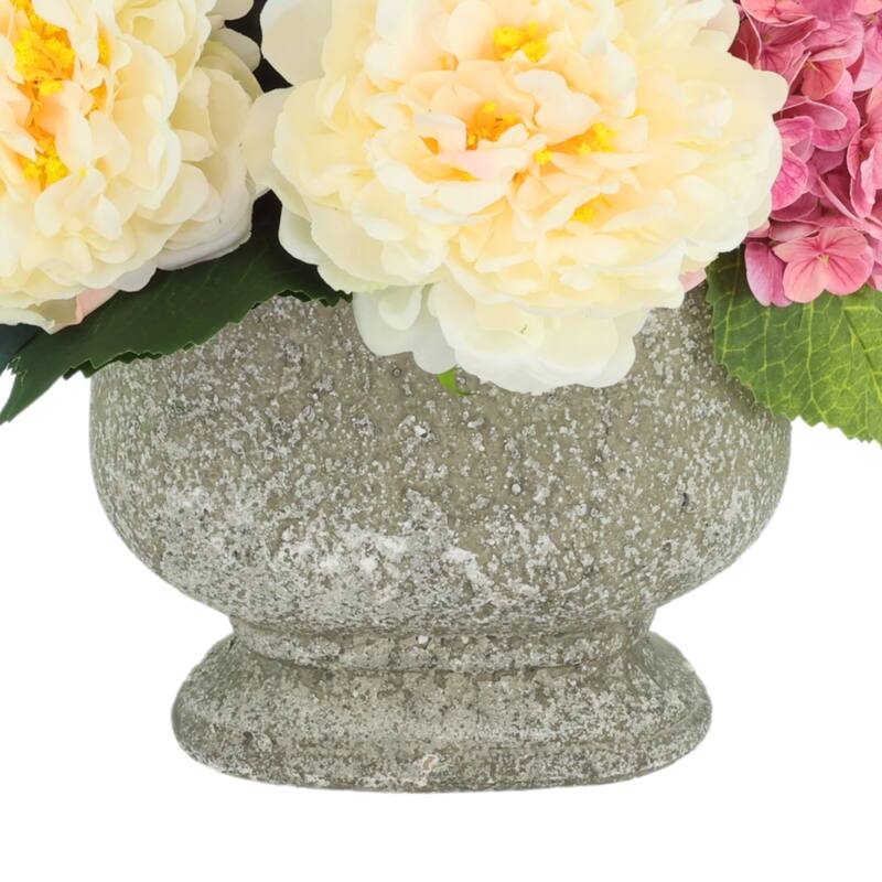 Transitional Arrangement with Peonies and Hydrangeas in a Stone Pot with Butterfly Magnolias