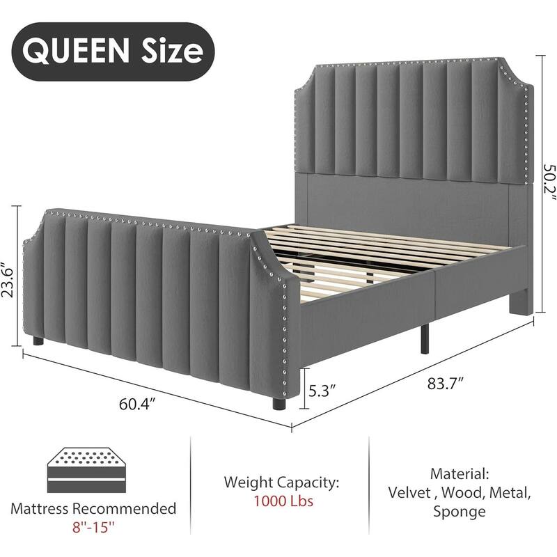 Queen/ King Size Velvet Bed Frame, 50.2" Tall Headboard & Footboard, Upholstered Platform Bed Frame No Box Spring Needed