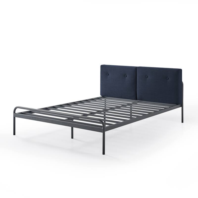 Maggie Navy Metal Platform Bed with Upholstered Cushioned Headboard By Crown Comfort