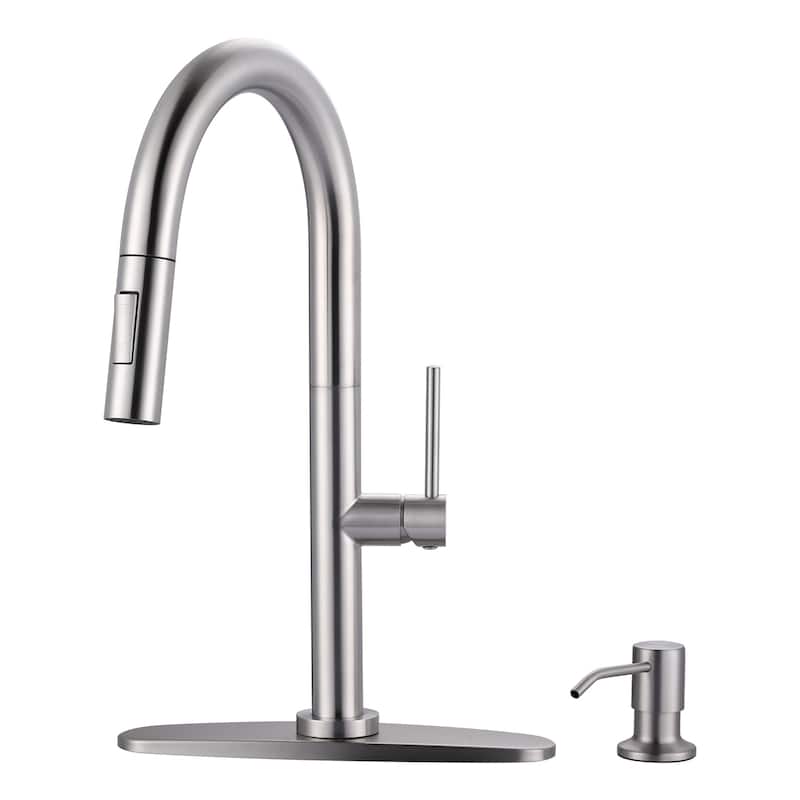 WOWOW Single Handle Pull Down Kitchen Faucet with Soap Dispenser - Brushed Nickel