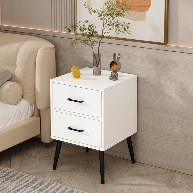 Anmytek 2-Drawer White Nightstand Modern Bedside Table with Metal Legs and Handles