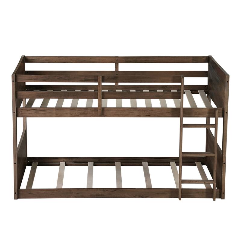 Twin over Twin Floor Bunk Bed w/ Headboard,Footboard,Safety Guardrails