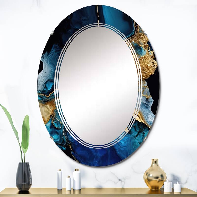 Designart 'Abstract Geode Gold And Blue Marble IV' Printed Abstract Marble Wall Mirror - 24in.x36in.