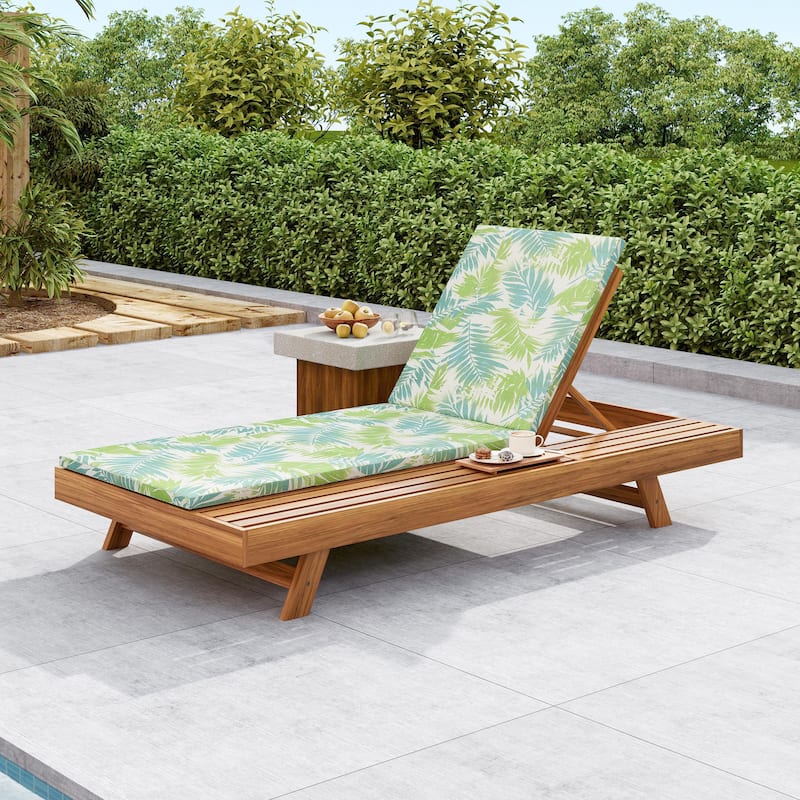 One-sided Open Storage Lounge Chairs Outdoor Patio Acacia Wood Chaise Lounge with Adjustable Backrest & Water-repellent Cushions