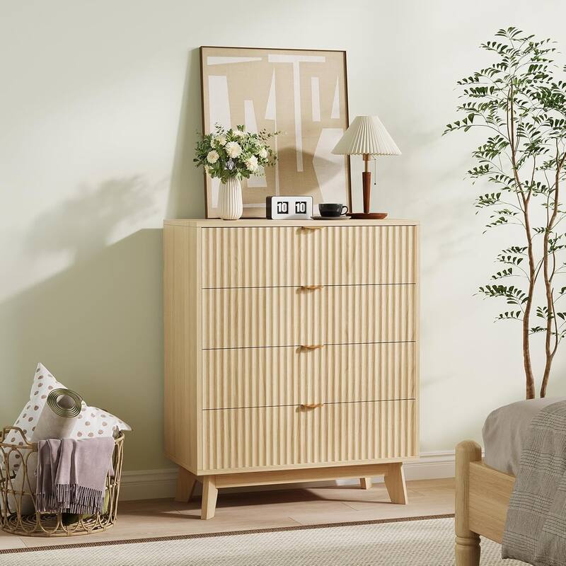 Mid-Century Fluted 3/4/5-Drawer Dresser, Natural Wood Chest of Drawers