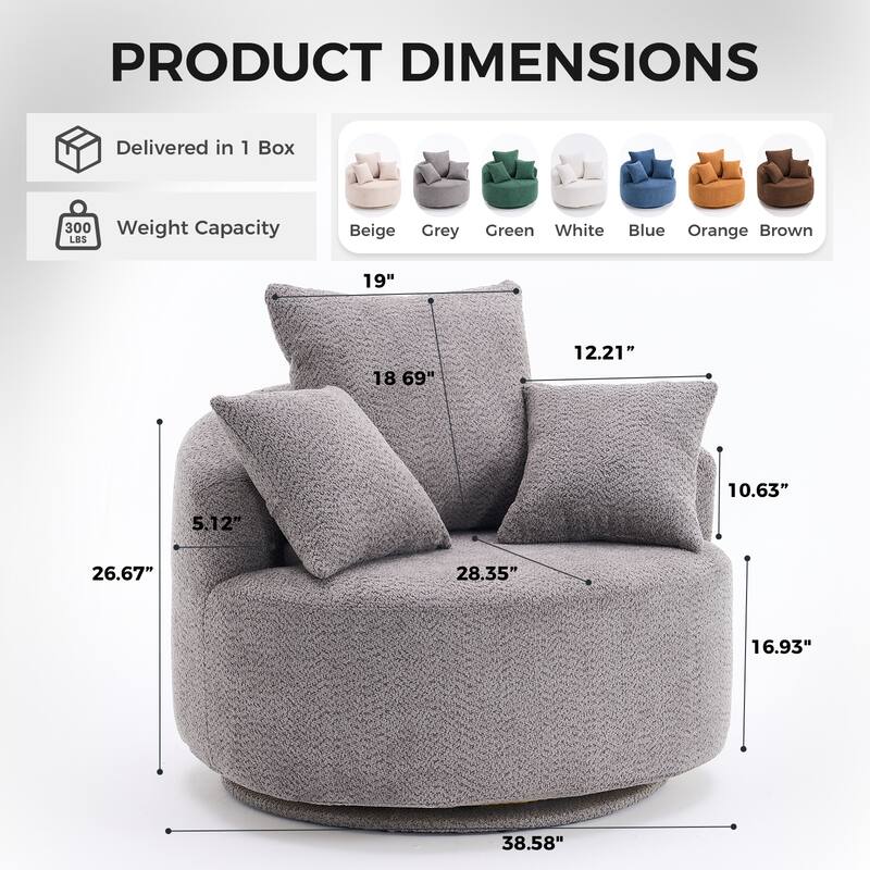 Oversized Swivel Round Barrel Chair, Ergonomic Single Sofa Chair, Upholstered Accent Chair with 3 Removable Pillows